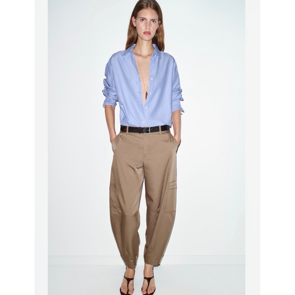 Zara White Tag Brown Barrel Leg Cargo Pants Utility Balloon Trousers Baggy M 28